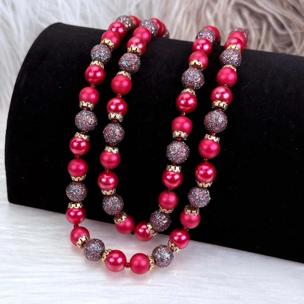 Vintage Japan Double Strand Pink Bead Statement Necklace Gold Tone